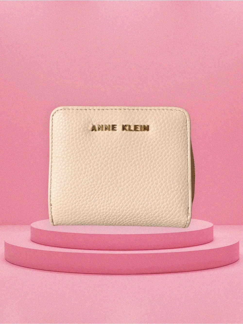 Anne Klein Soft Cream Pebble Zip Wallet with Gold Logo